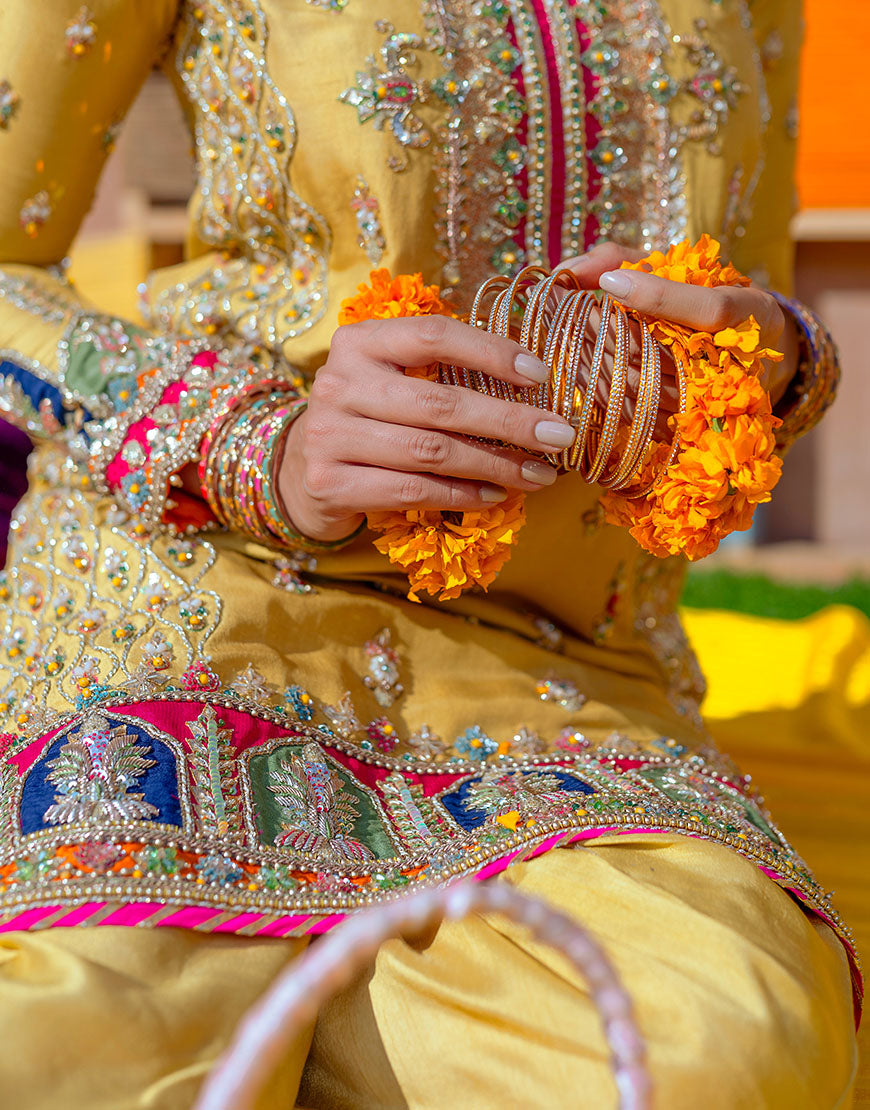 Daffodil Yellow Embroidered Raw Silk Salwar Kameez (3-Piece) - Image 4