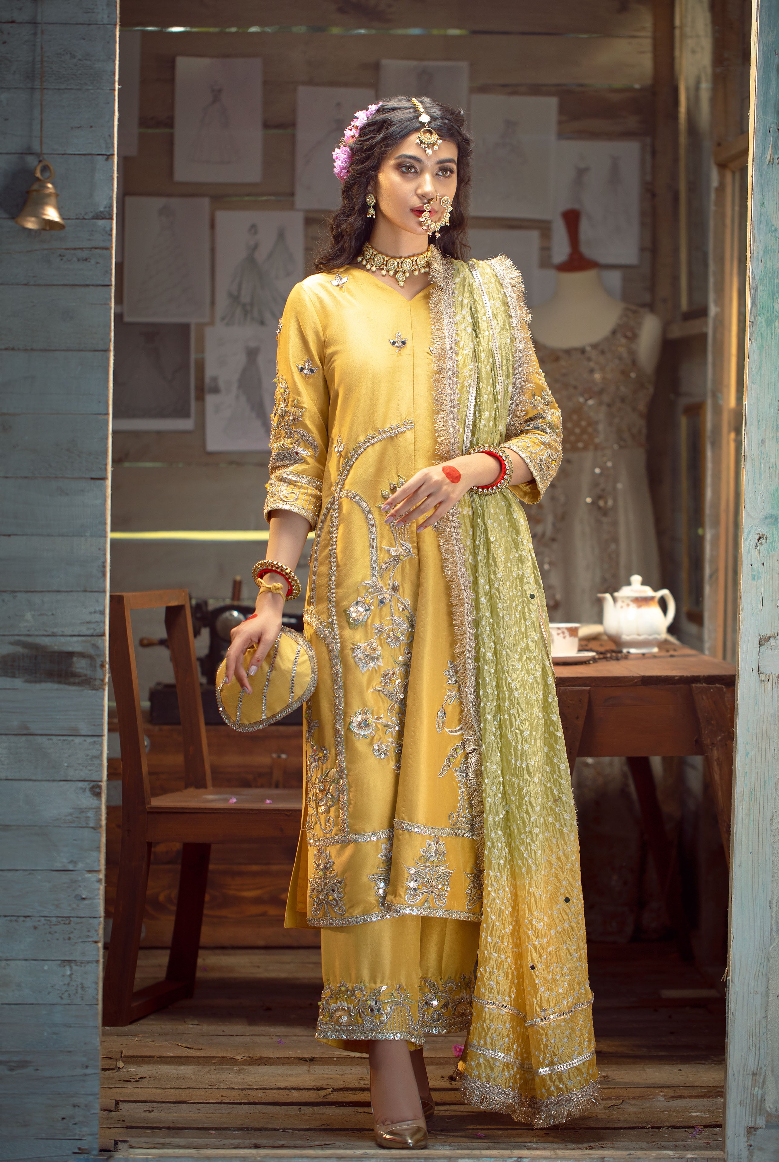 Yellow Zardozi Raw Silk Salwar Kameez (3-Piece) - Image 1