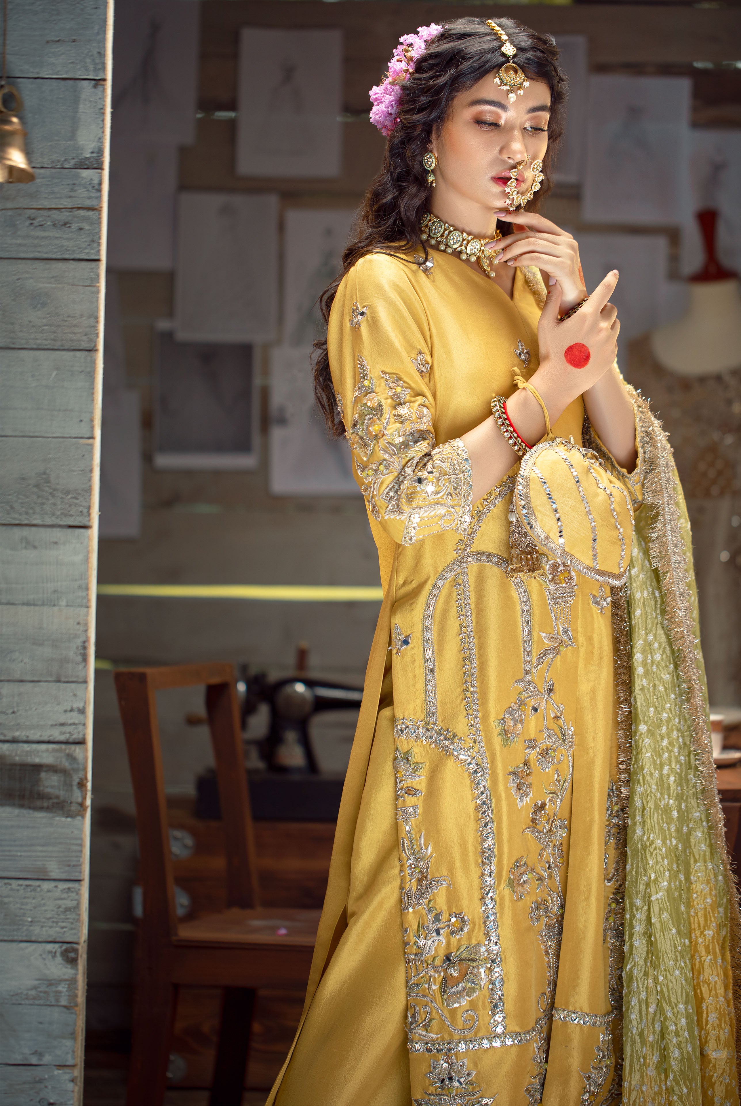Yellow Zardozi Raw Silk Salwar Kameez (3-Piece) - Image 3