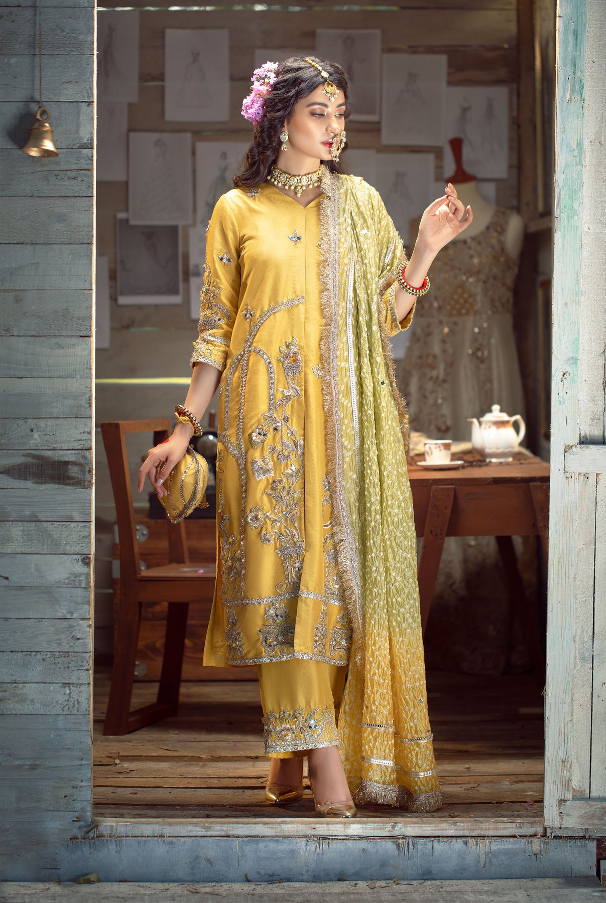 Pakistani Yellow Zardozi Raw Silk Salwar Kameez (3-Piece) - Image 3