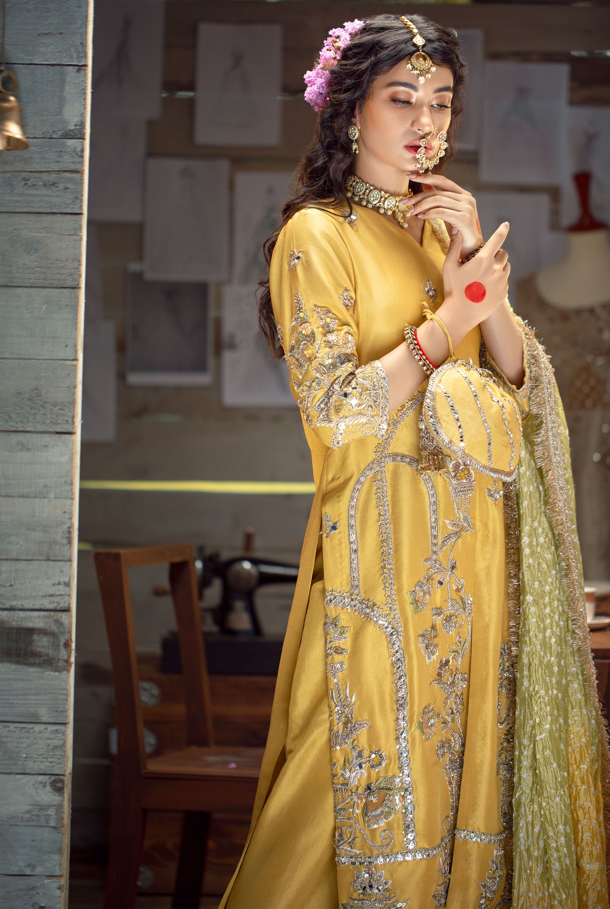 Pakistani Yellow Zardozi Raw Silk Salwar Kameez (3-Piece) - Image 4