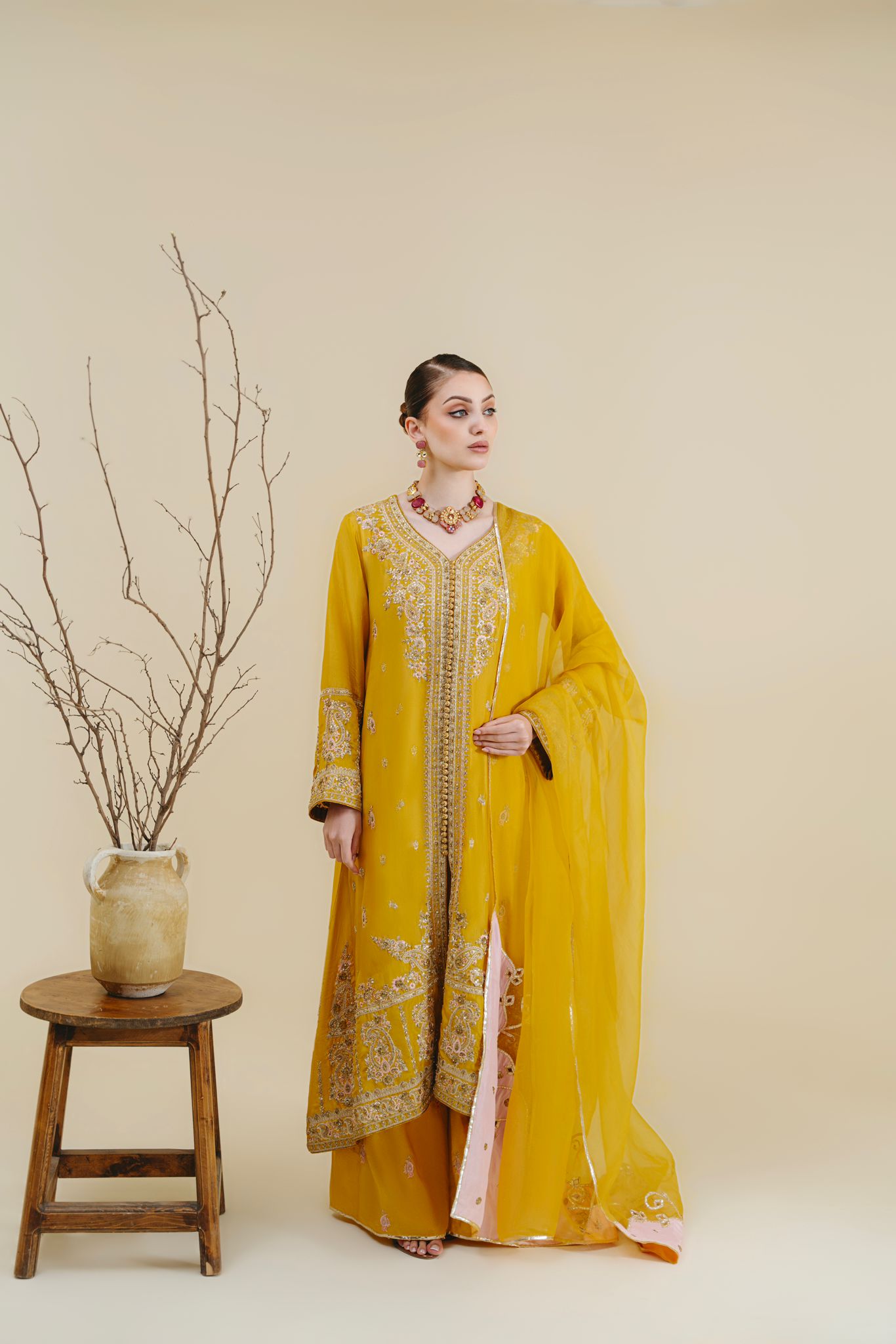 Mustard Zari Ada Raw Silk Salwar Kameez (3-Piece) - Image 1