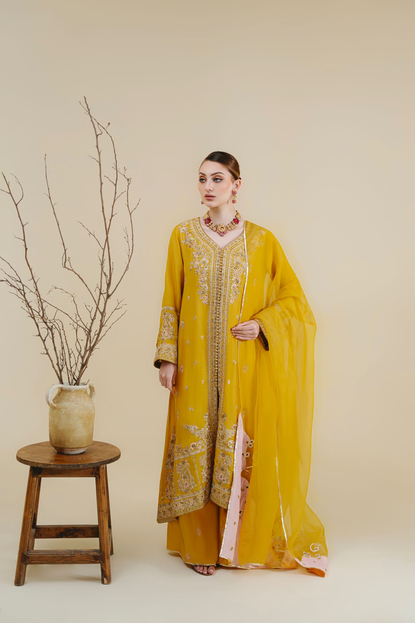 Mustard Zari Ada Raw Silk Salwar Kameez (3-Piece) - Image 3