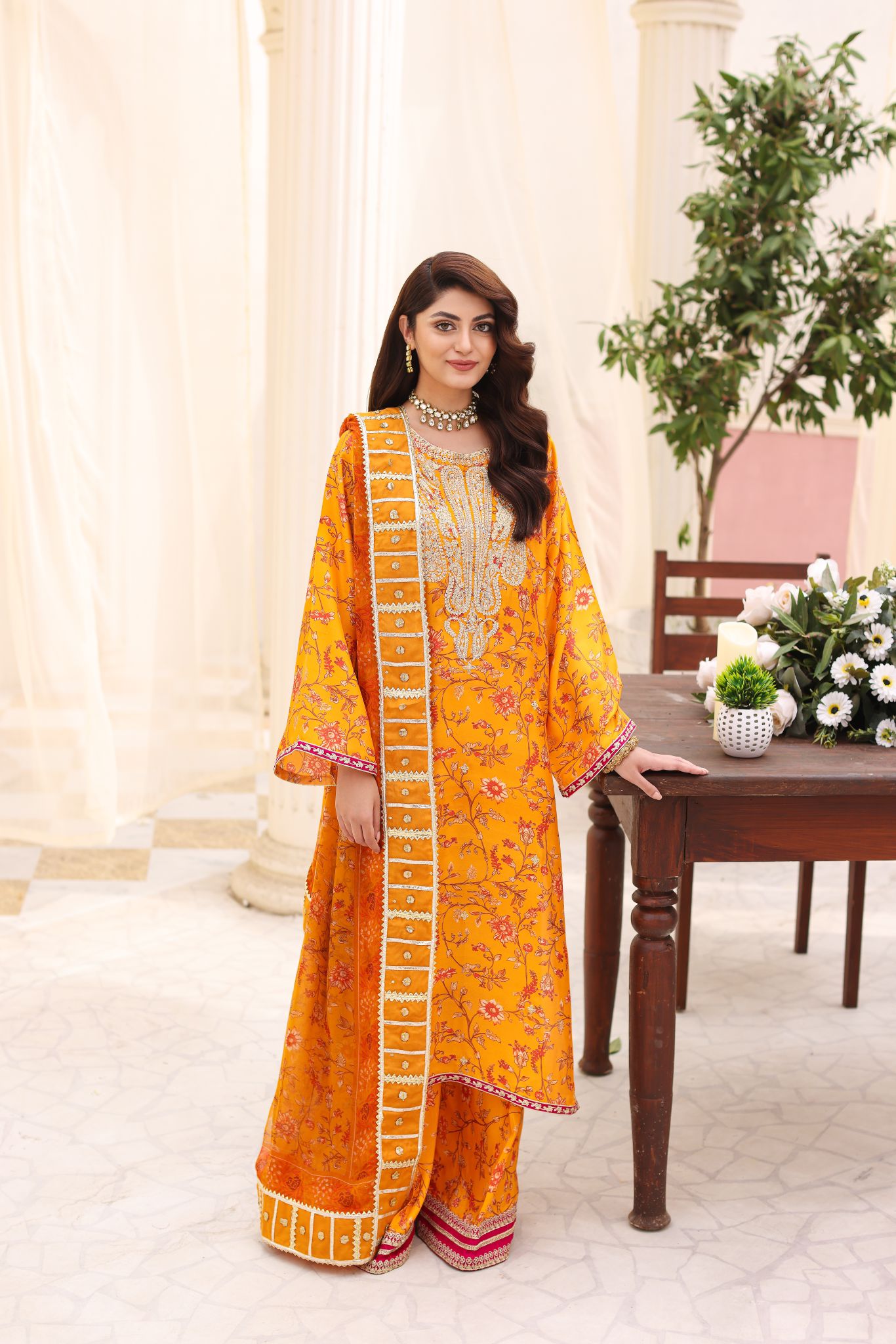 Pakistani Mustard Zari Sequin Raw Silk Salwar Kameez (3-Piece) - Image 1