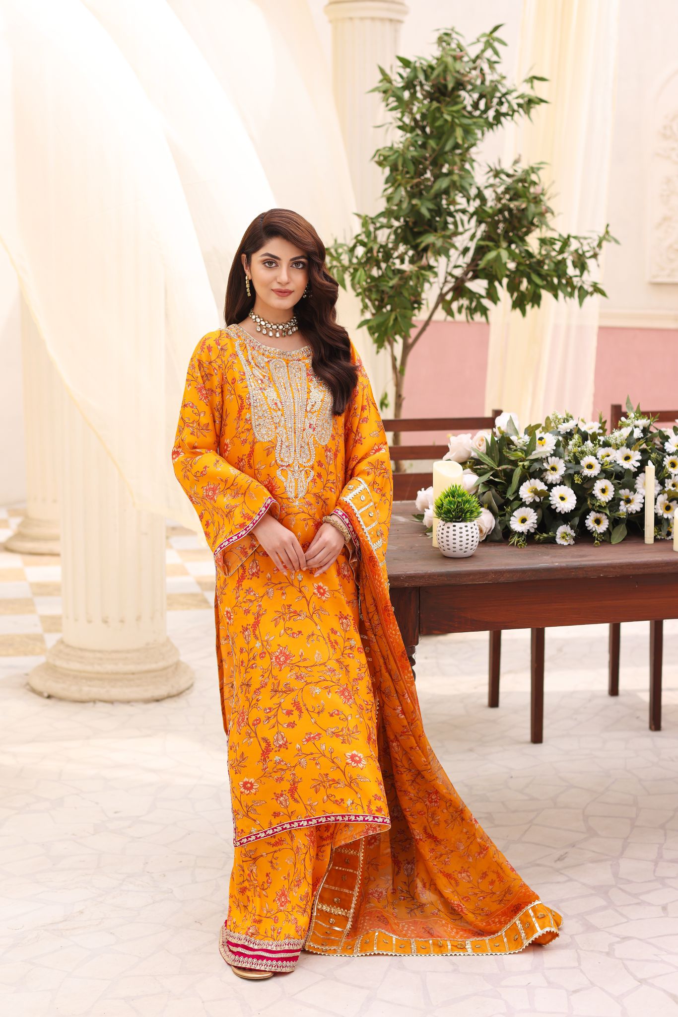 Pakistani Mustard Zari Sequin Raw Silk Salwar Kameez (3-Piece) - Image 2