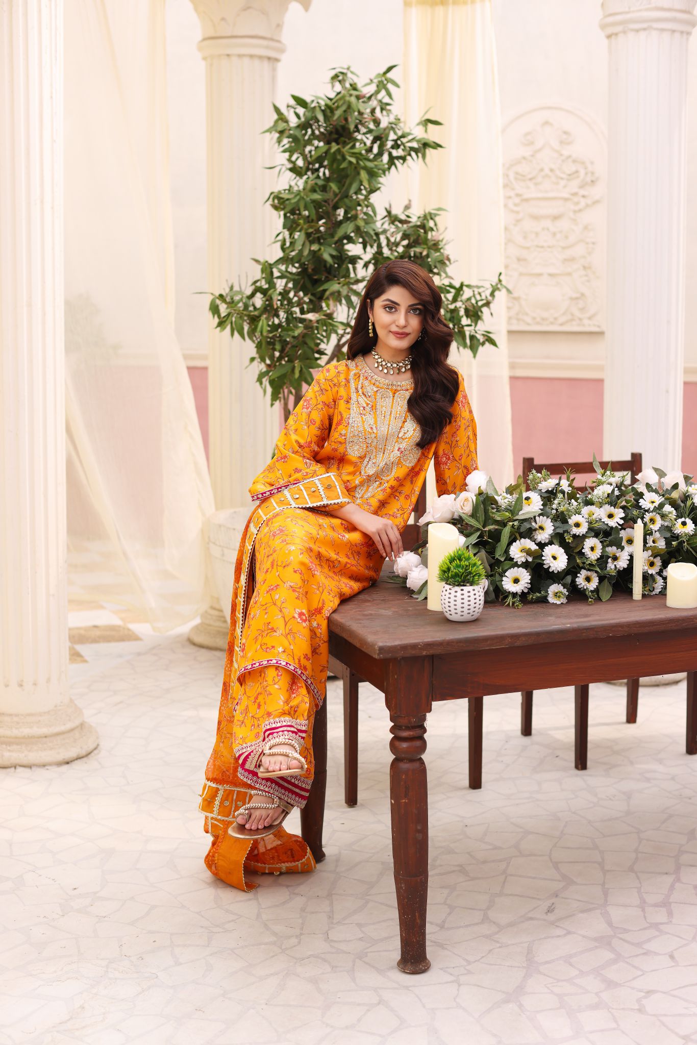 Pakistani Mustard Zari Sequin Raw Silk Salwar Kameez (3-Piece) - Image 3