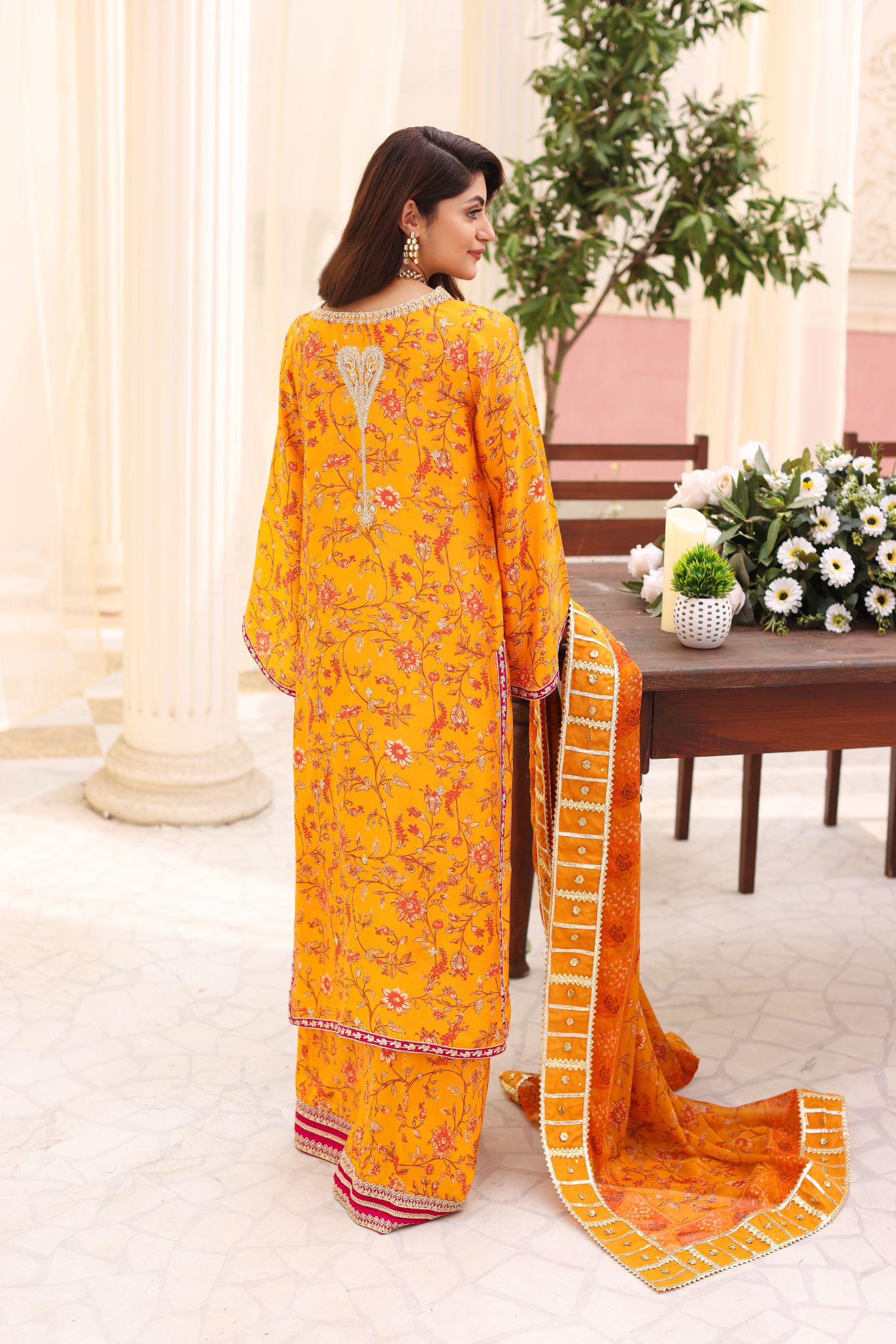 Pakistani Mustard Zari Sequin Raw Silk Salwar Kameez (3-Piece) - Image 4