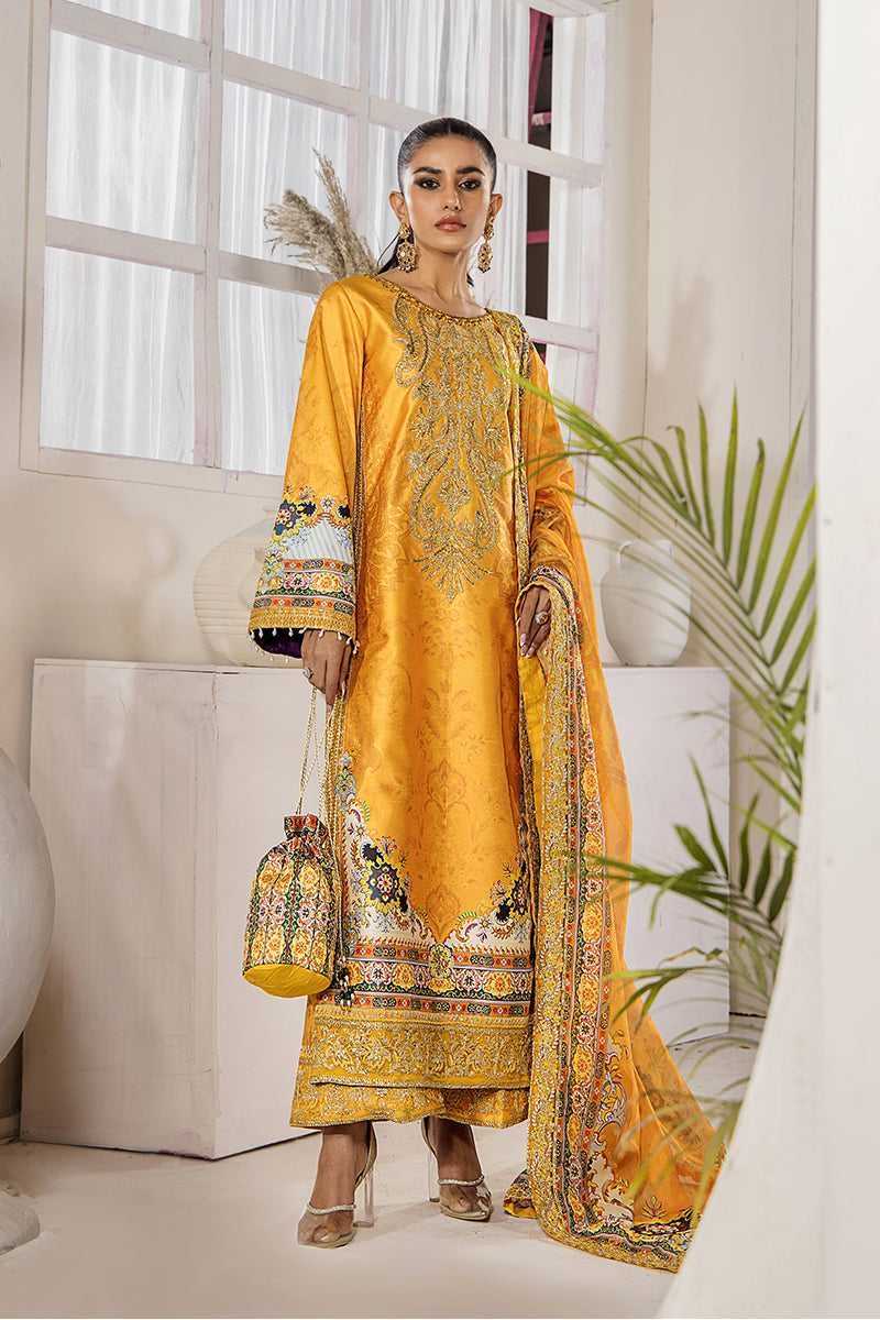 Chrome Yellow Embellished Satin-Silk Salwar Kameez (3-Piece) - Image 1