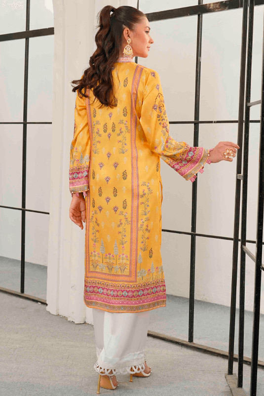 Pakistani Yellow Printed Shamoz Silk Kurta (2-Piece) - Image 1
