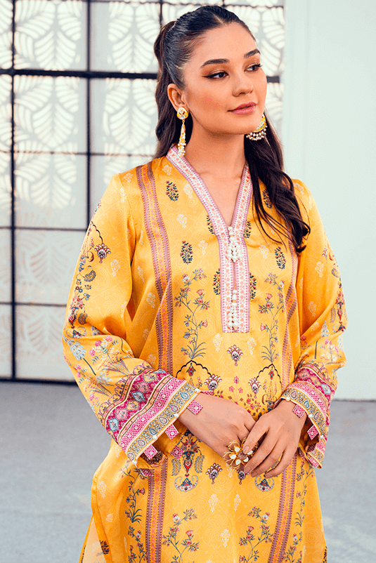 Pakistani Yellow Printed Shamoz Silk Kurta (2-Piece) - Image 5