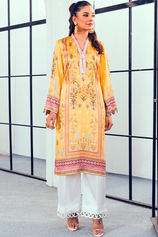 Yellow Printed Shamoz Silk Kurta (2-Piece) - Image 2