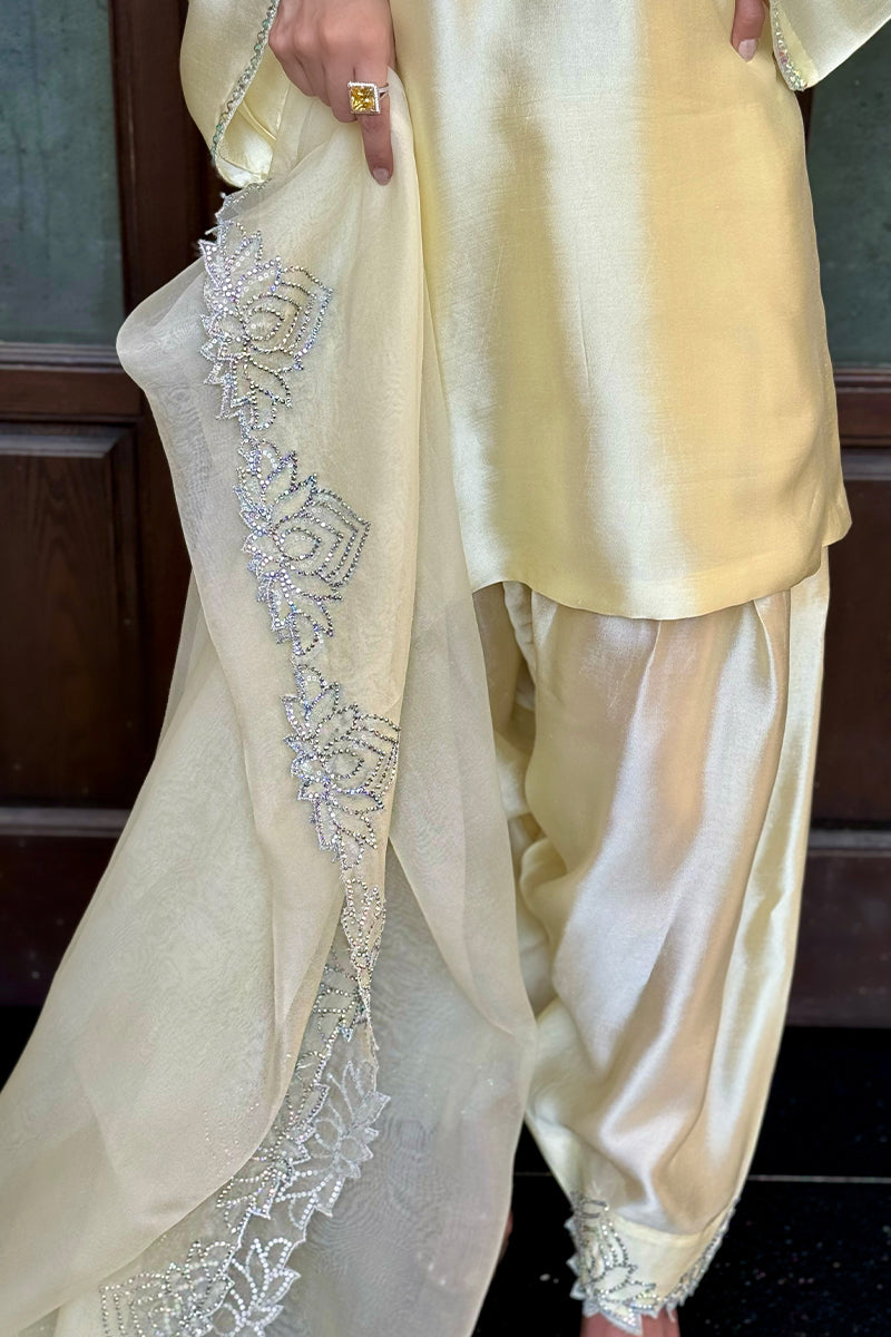 Pakistani Pastel Yellow Crystal Sheesha Silk Salwar Kameez (3-Piece) - Image 3