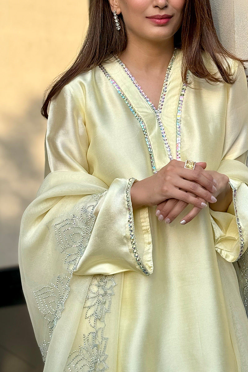 Pakistani Pastel Yellow Crystal Sheesha Silk Salwar Kameez (3-Piece) - Image 4