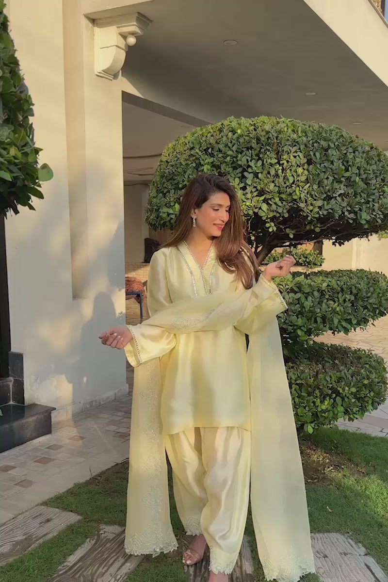 Pakistani Pastel Yellow Crystal Sheesha Silk Salwar Kameez (3-Piece) - Image 5