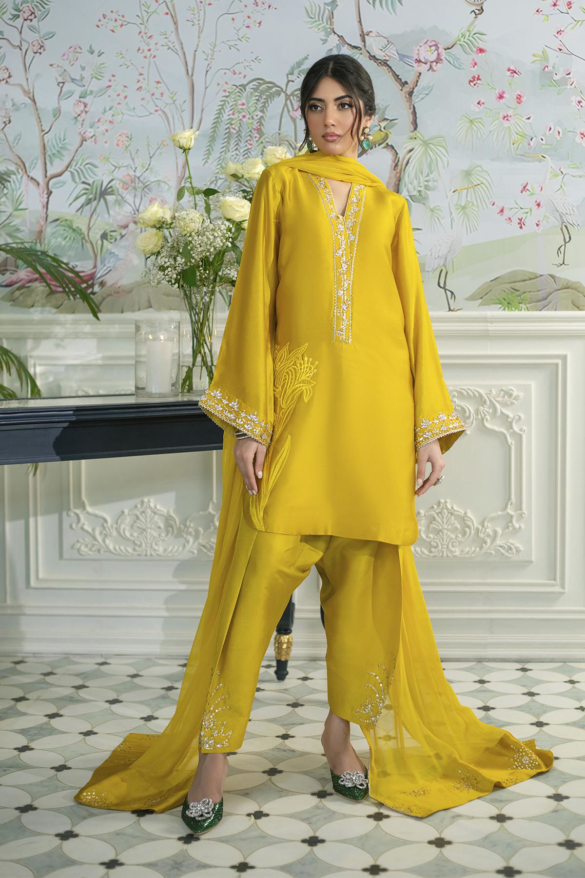 Honey Daffodil Embellished Sheesha Silk Salwar Kameez (3-Piece) - Image 1