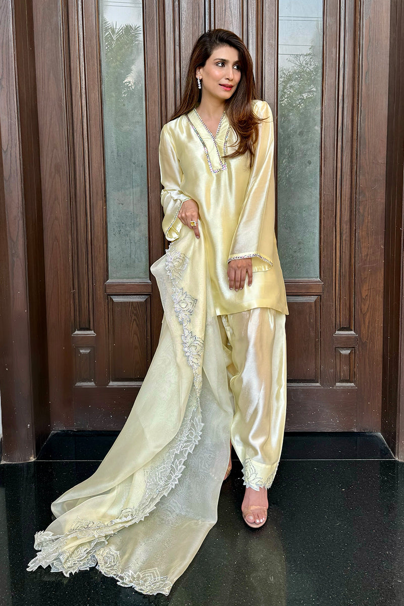 Pakistani Subtle Yellow Crystal Sheesha Silk Salwar Kameez (3-Piece) - Image 1