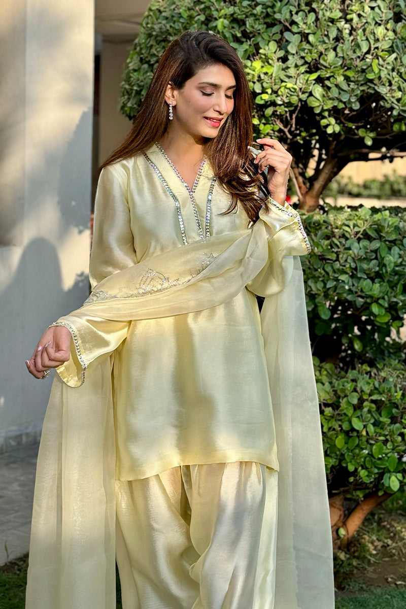 Pakistani Subtle Yellow Crystal Sheesha Silk Salwar Kameez (3-Piece) - Image 2