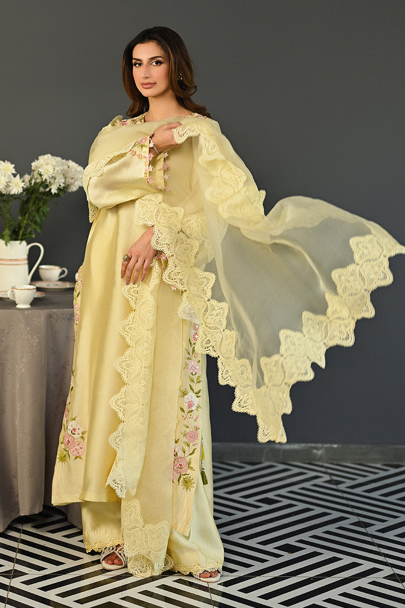 Yellow Embroidered Sheesha Silk Salwar Kameez (3-Piece) - Image 1