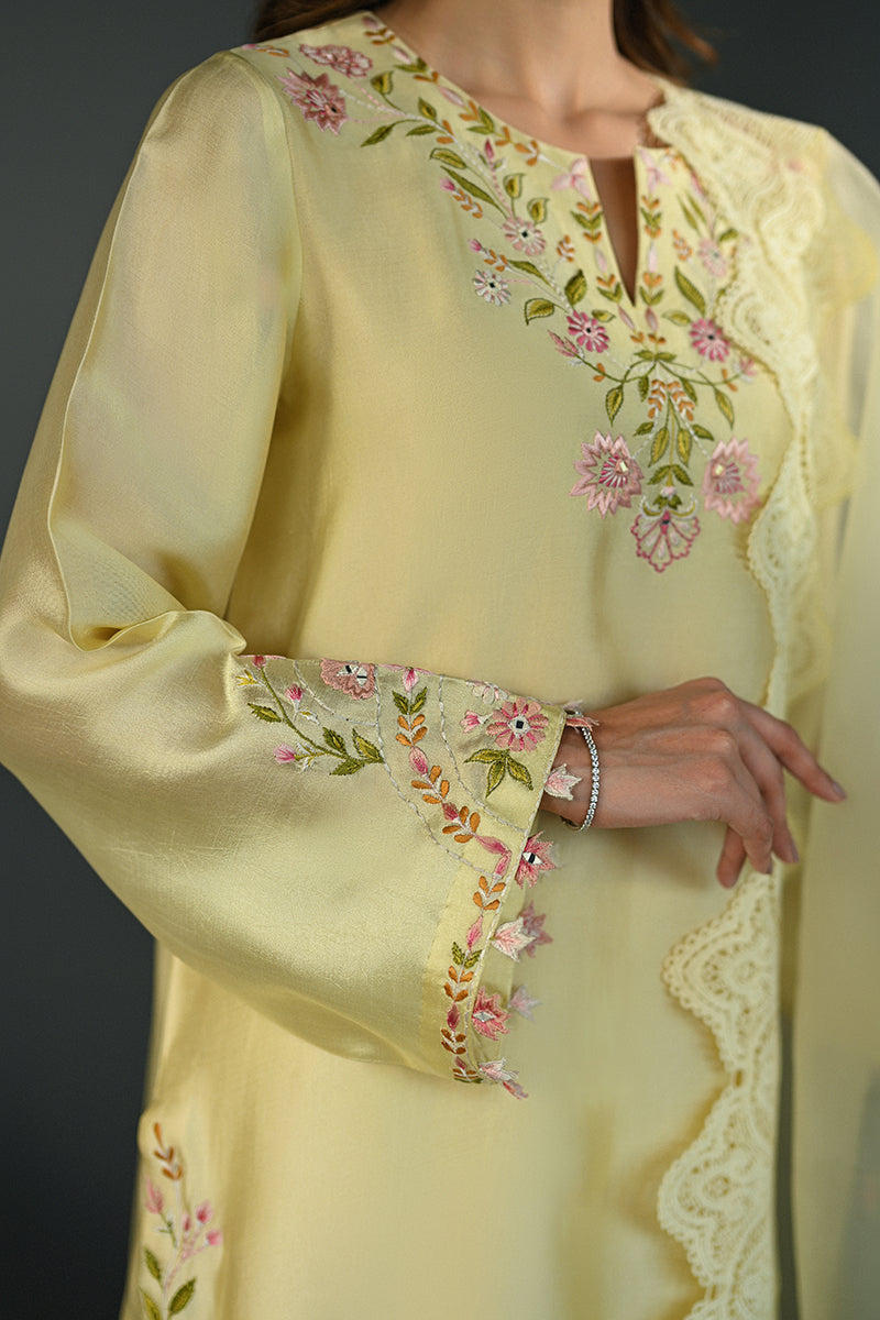 Yellow Embroidered Sheesha Silk Salwar Kameez (3-Piece) - Image 3
