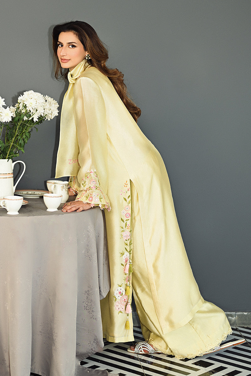 Yellow Embroidered Sheesha Silk Salwar Kameez (3-Piece) - Image 5