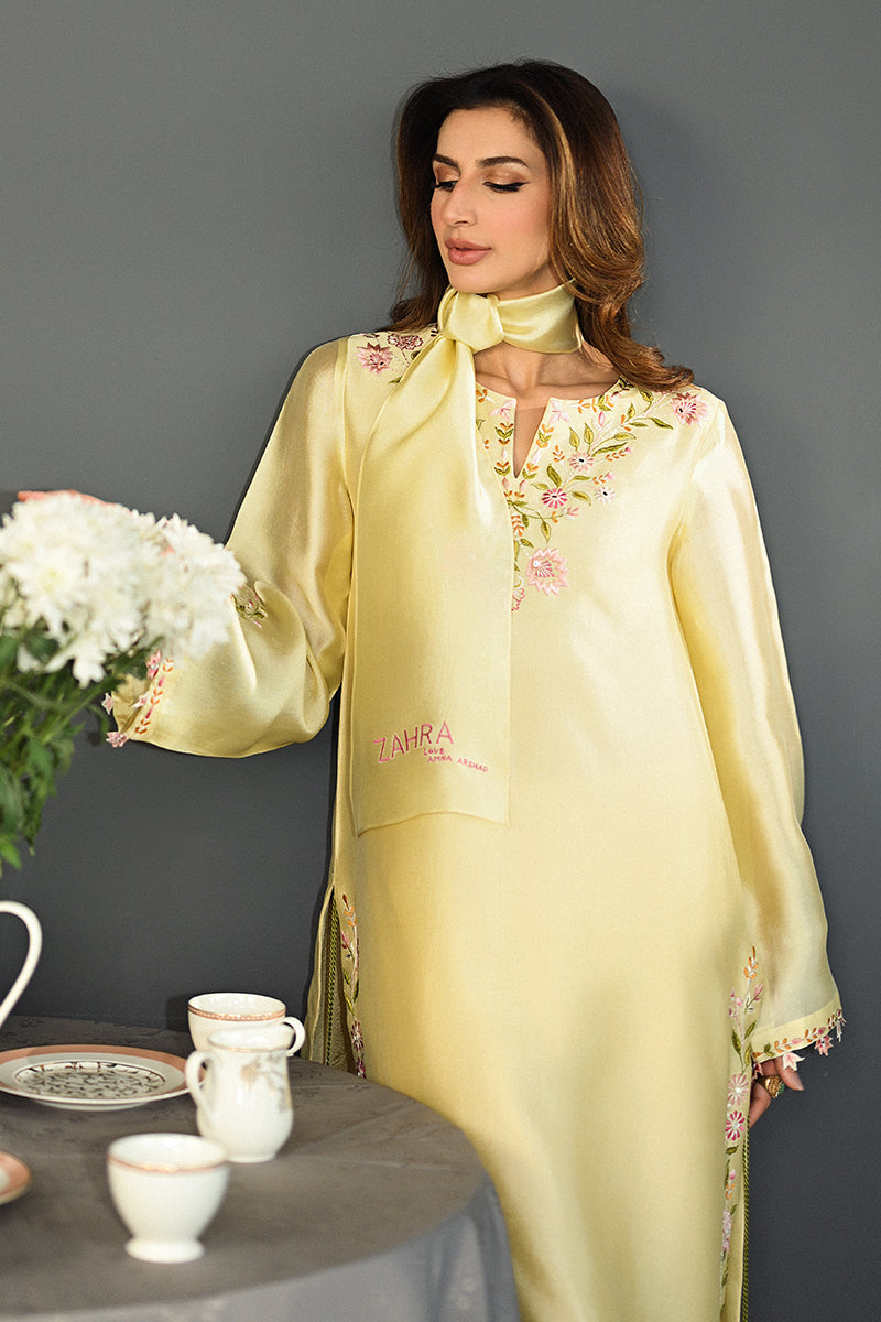 Yellow Embroidered Sheesha Silk Salwar Kameez (3-Piece) - Image 6