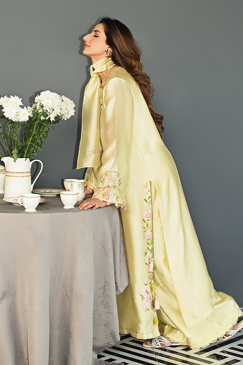 Yellow Embroidered Sheesha Silk Salwar Kameez (3-Piece) - Image 7