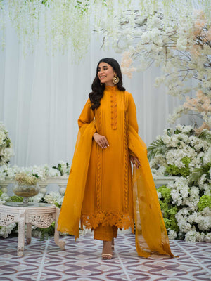 Pakistani Mustard 3D Floral Silk Salwar Kameez (3-Piece) - Image 2