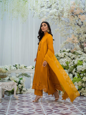 Pakistani Mustard 3D Floral Silk Salwar Kameez (3-Piece) - Image 3