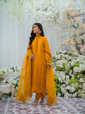 Pakistani Mustard 3D Floral Silk Salwar Kameez (3-Piece) - Image 4