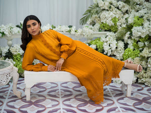 Pakistani Mustard 3D Floral Silk Salwar Kameez (3-Piece) - Image 5