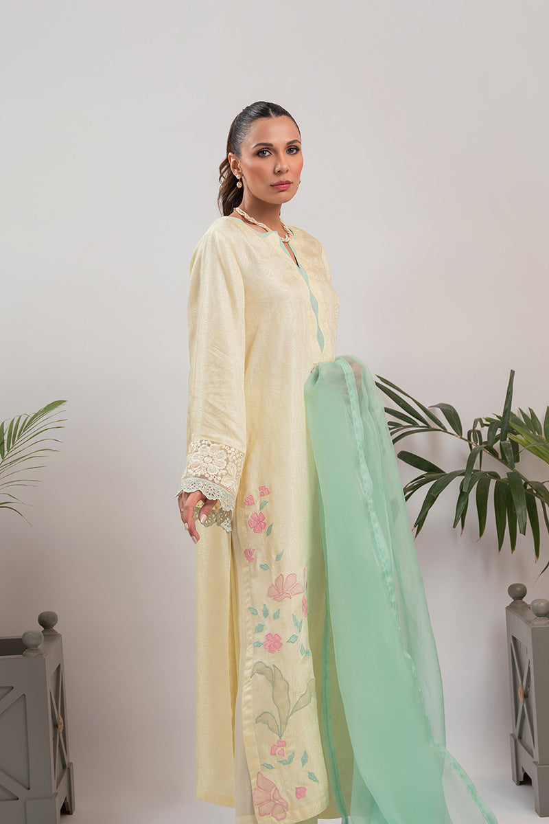 Yellow Appliqué Embroidered Silk Salwar Kameez (2-Piece) - Image 2