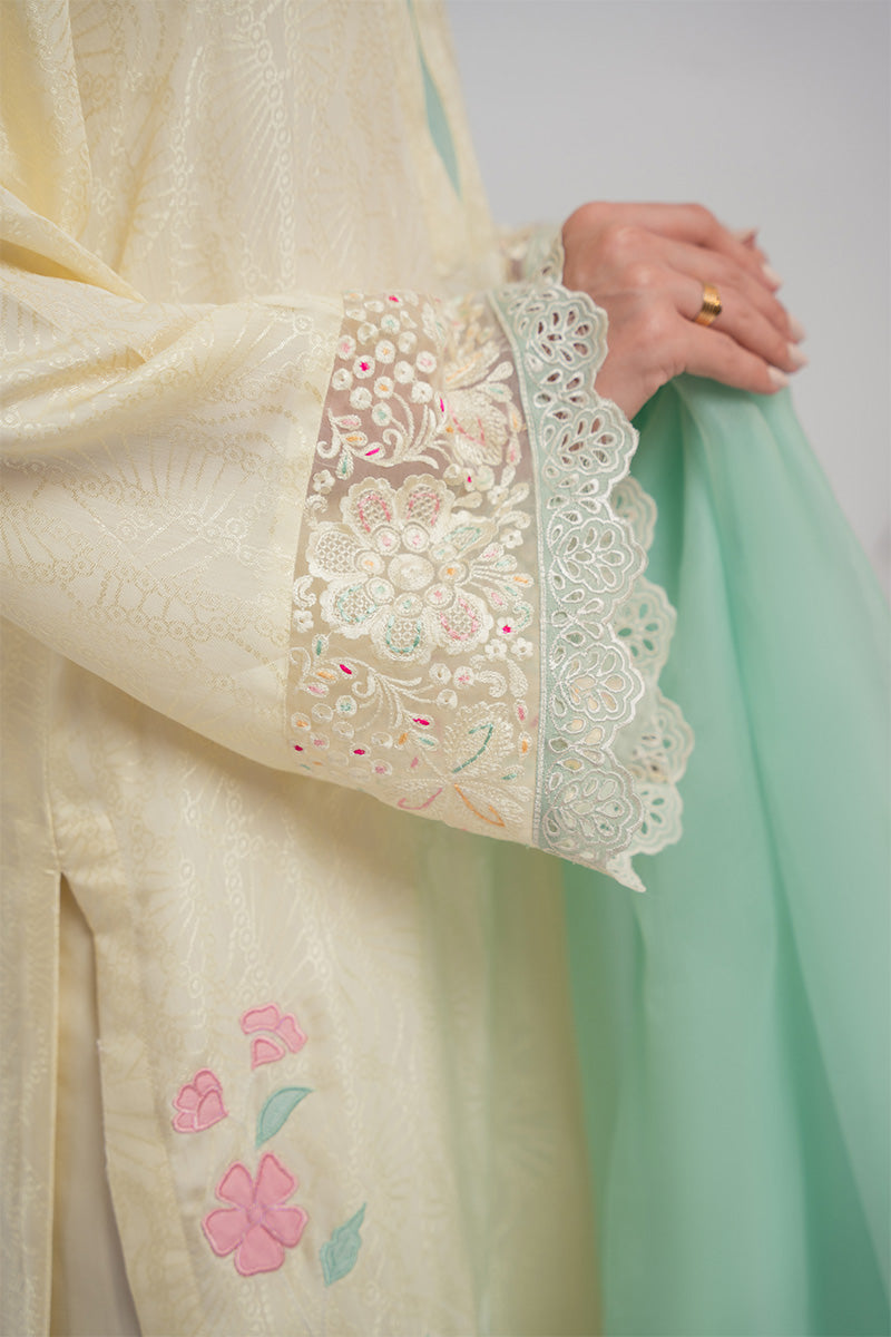 Yellow Appliqué Embroidered Silk Salwar Kameez (2-Piece) - Image 5