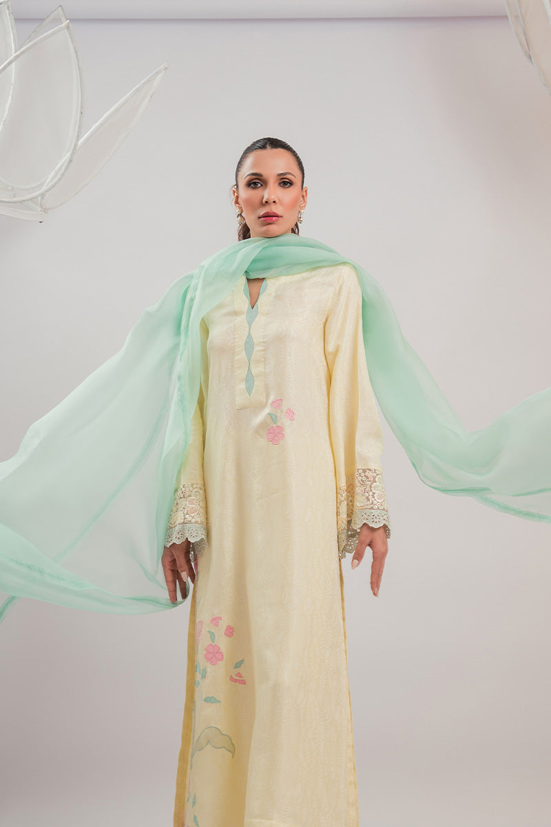 Pakistani Yellow Appliqué Embroidered Silk Salwar Kameez (3-Piece) - Image 3