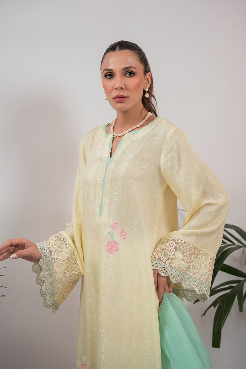 Pakistani Yellow Appliqué Embroidered Silk Salwar Kameez (3-Piece) - Image 6
