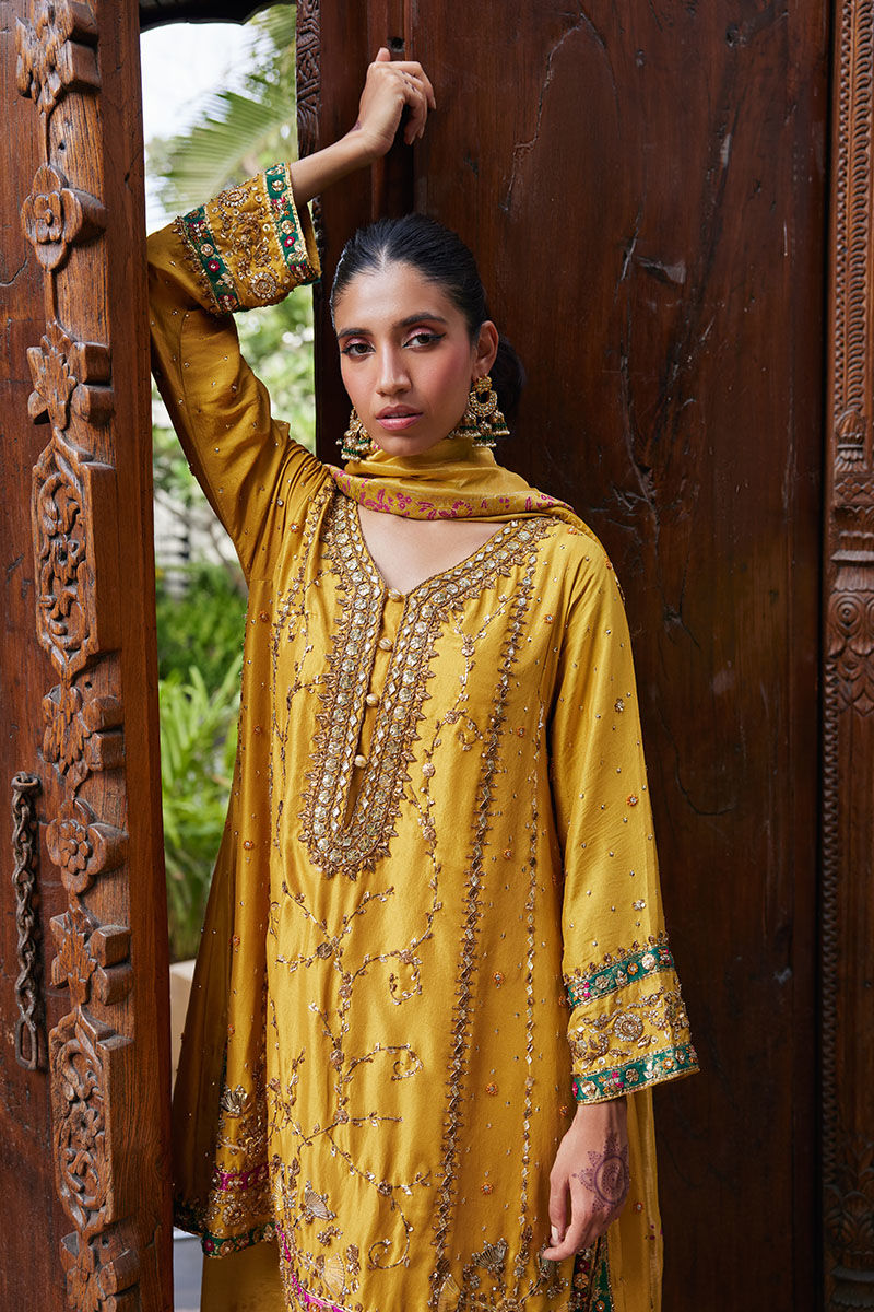Pakistani Sunflower Yellow Embellished Silk-Blend Salwar Kameez (3-Piece) - Image 2