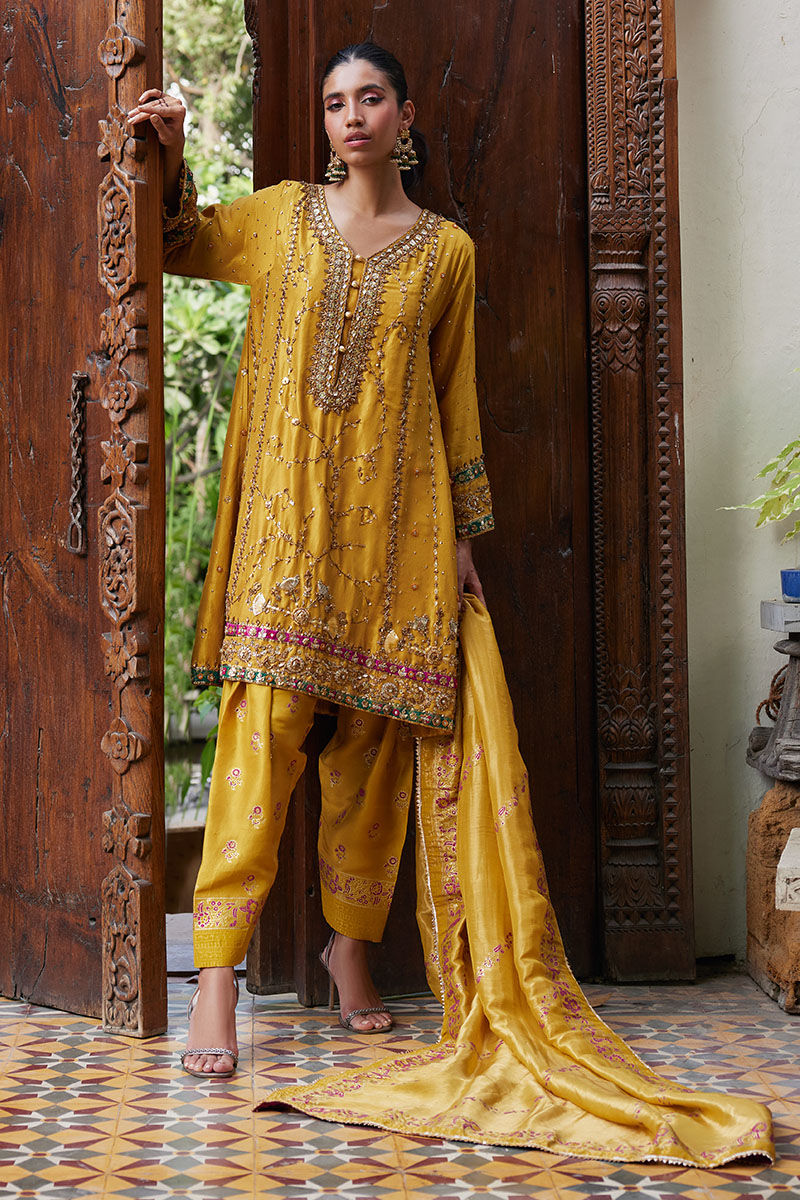 Pakistani Sunflower Yellow Embellished Silk-Blend Salwar Kameez (3-Piece) - Image 3