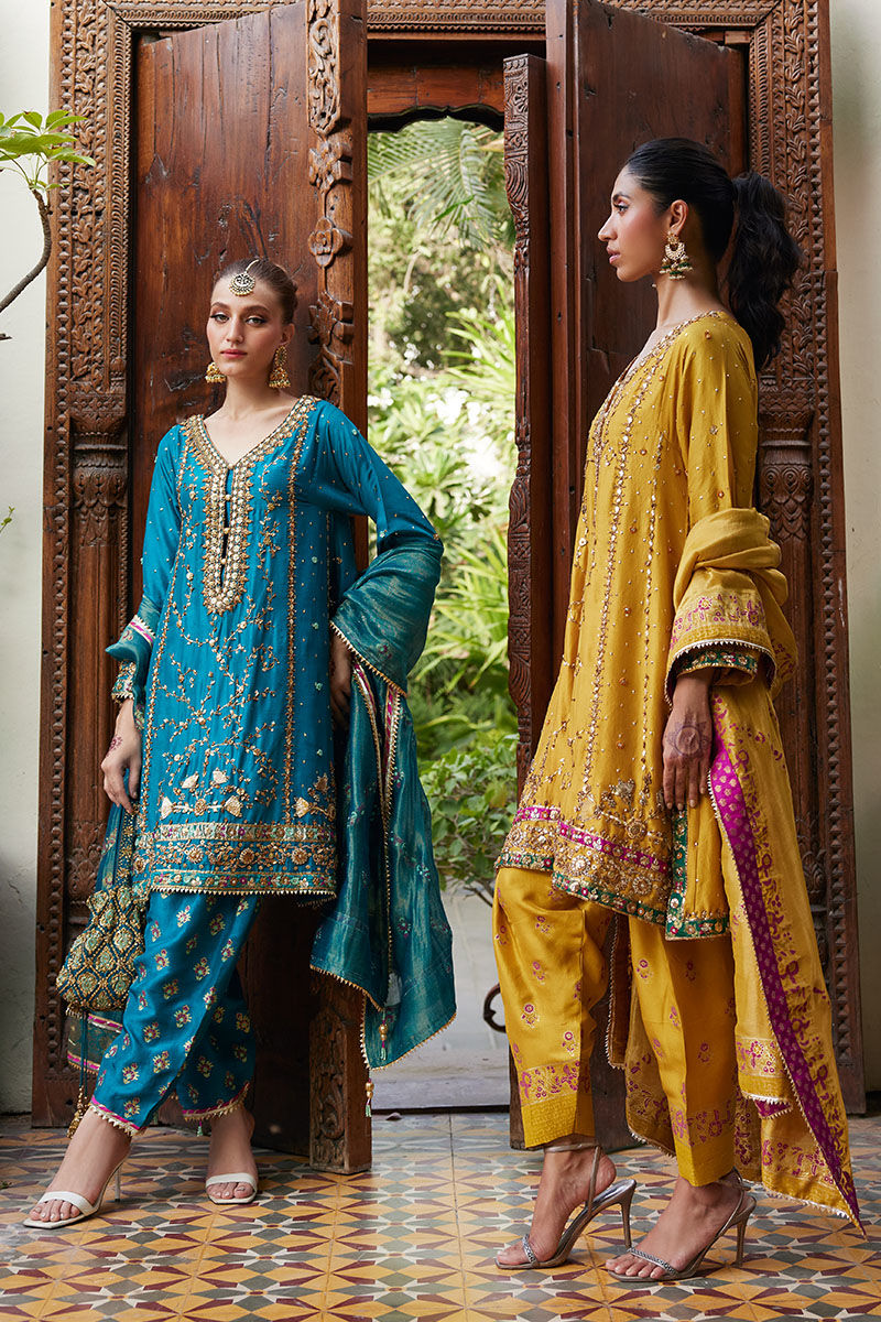 Pakistani Sunflower Yellow Embellished Silk-Blend Salwar Kameez (3-Piece) - Image 4