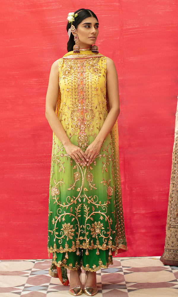 Yellow-Green Hand Embroidered Silk-Blend Salwar Kameez (3-Piece) - Image 2