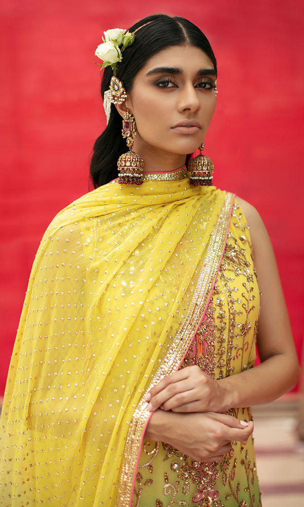 Yellow-Green Hand Embroidered Silk-Blend Salwar Kameez (3-Piece) - Image 3