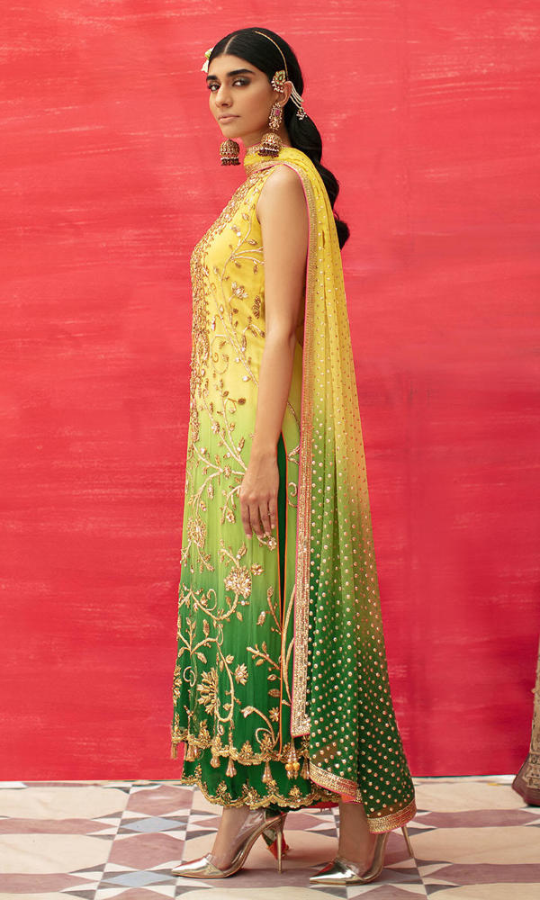 Yellow-Green Hand Embroidered Silk-Blend Salwar Kameez (3-Piece) - Image 4