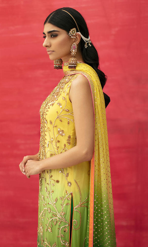 Yellow-Green Hand Embroidered Silk-Blend Salwar Kameez (3-Piece) - Image 5