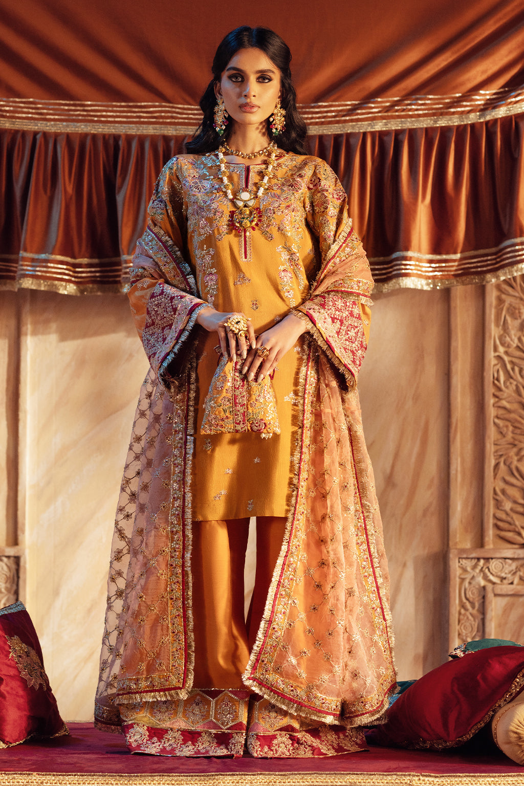 Mustard Yellow Resham Embroidered Silk-Blend Plazo Set (3-Piece) - Image 1