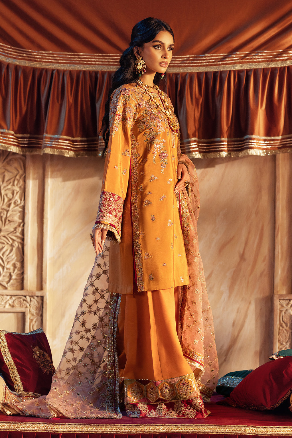 Mustard Yellow Resham Embroidered Silk-Blend Plazo Set (3-Piece) - Image 2