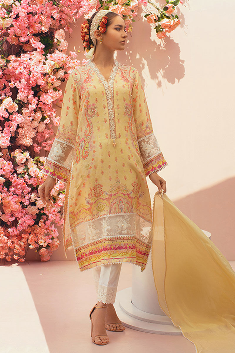 Pakistani Lemon Yellow Digital Printed Pure Silk Salwar Kameez (3-Piece) - Image 1