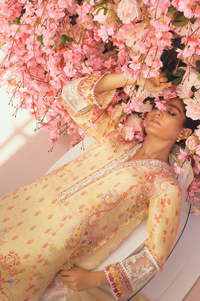 Pakistani Lemon Yellow Digital Printed Pure Silk Salwar Kameez (3-Piece) - Image 3