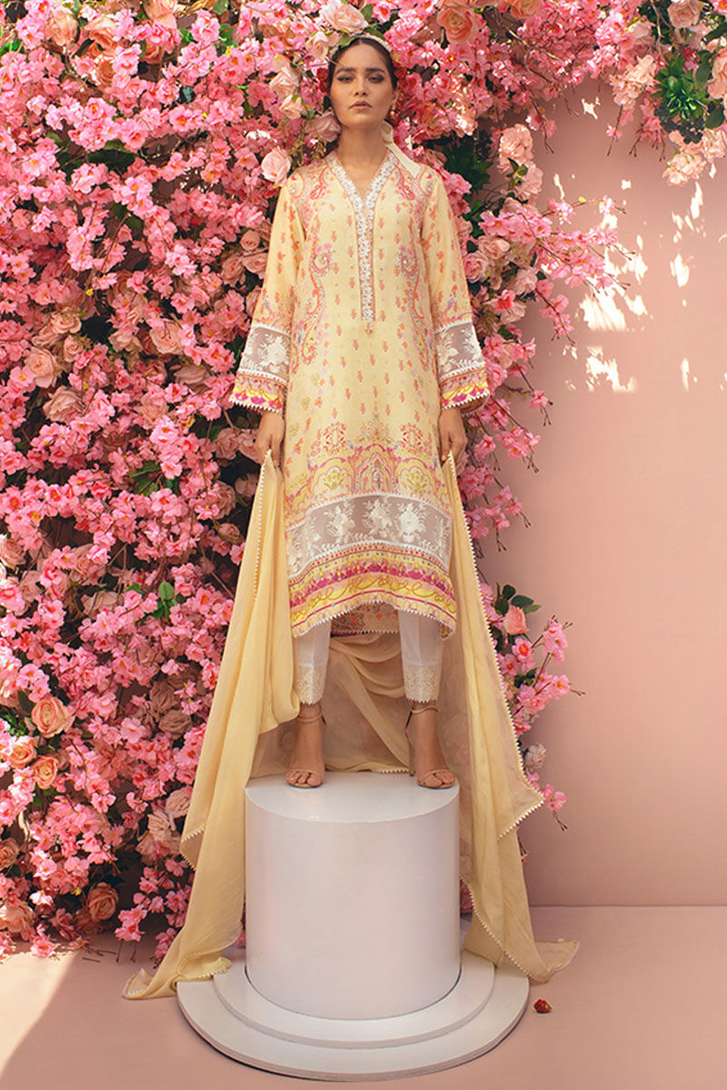 Pakistani Lemon Yellow Digital Printed Pure Silk Salwar Kameez (3-Piece) - Image 4