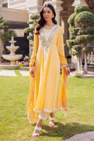 Pakistani Lime Yellow Embroidered Silk A-Line Salwar Kameez (3-Piece) - Image 2