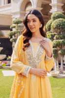 Pakistani Lime Yellow Embroidered Silk A-Line Salwar Kameez (3-Piece) - Image 4