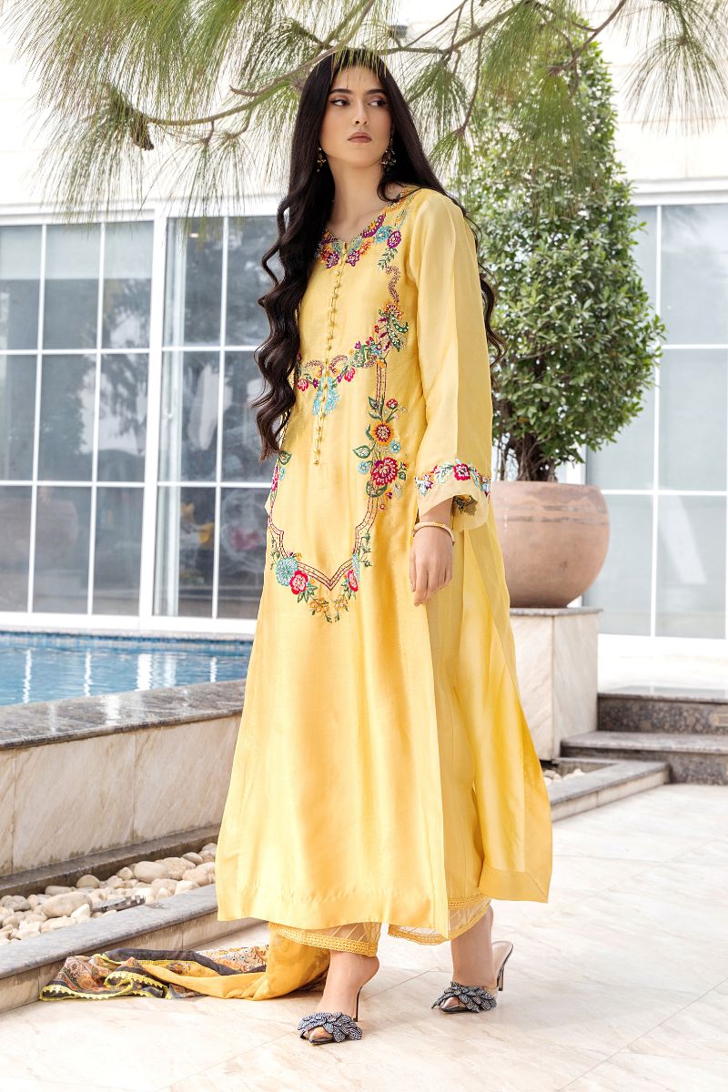 Yellow Floral Embroidered Pure Silk Salwar Kameez (3-Piece) - Image 1