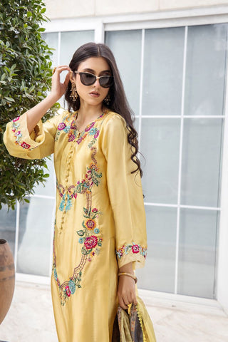 Yellow Floral Embroidered Pure Silk Salwar Kameez (3-Piece) - Image 3